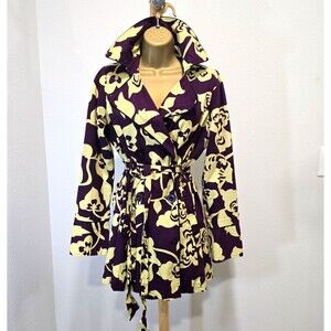 Vintage Floral Trench Coat Med Purple Collared Belted Double Breasted Boho Indie